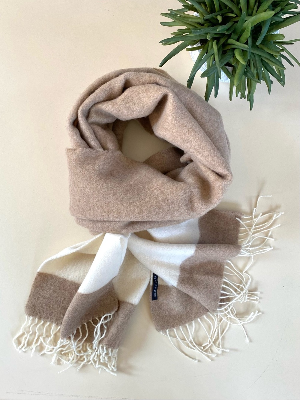 EILEEN FISHER - Cozy Neutral Fringe Scarf Wrap in Beige & Cream